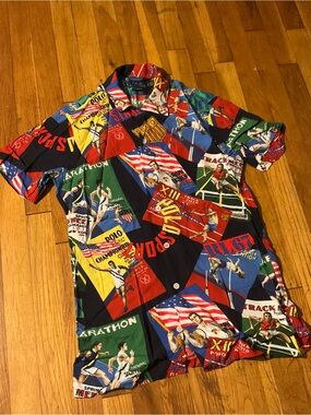 Polo Ralph Lauren Silk Multicolor Athletic Print Short-Sleeve Shirt